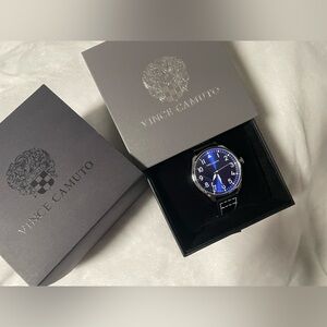 Vince Camuto Silver edge and Blue dial Men's Watch with faux leather